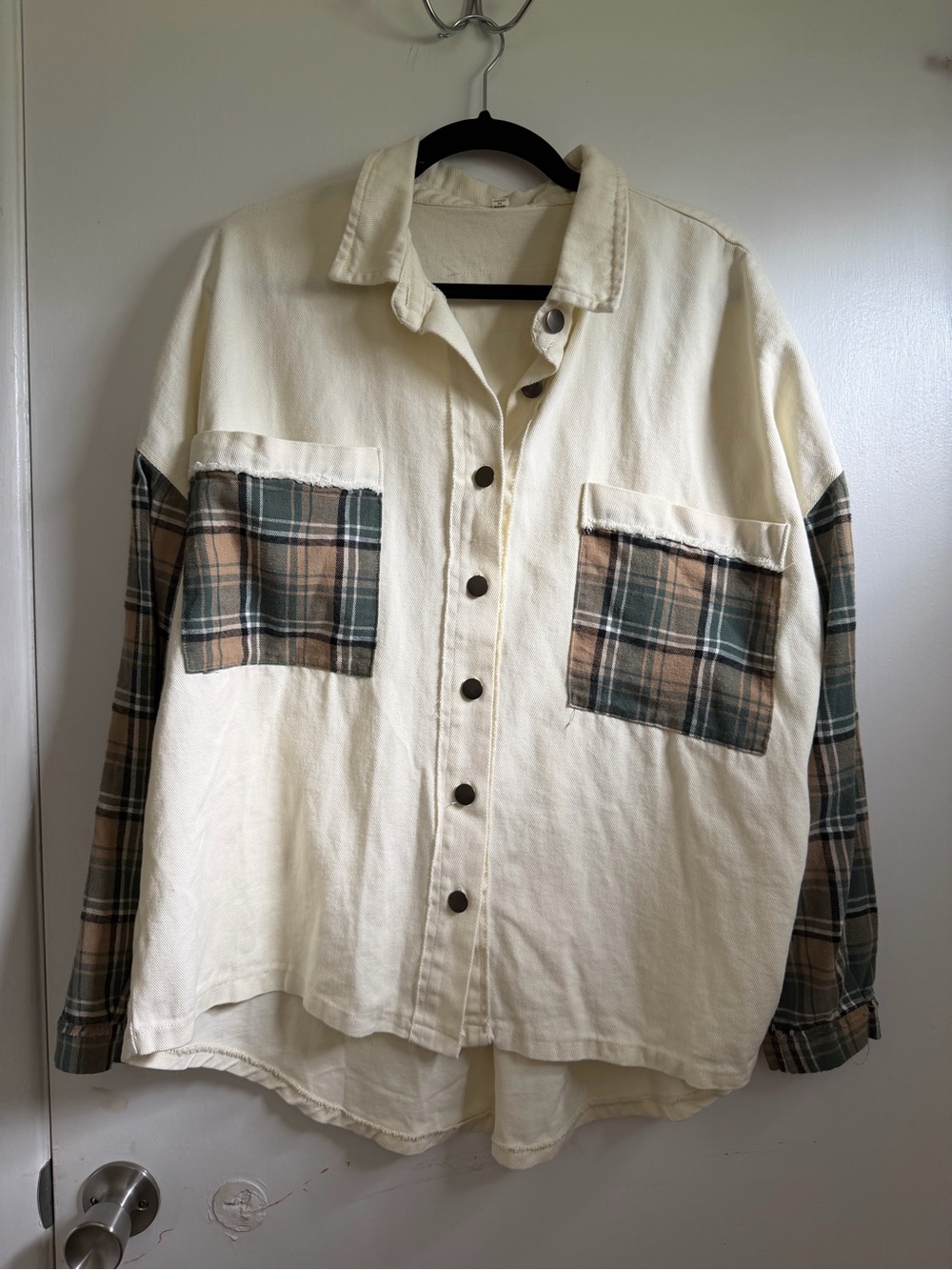 POL plaid stitched pocket ivory loose denim fall Shacket